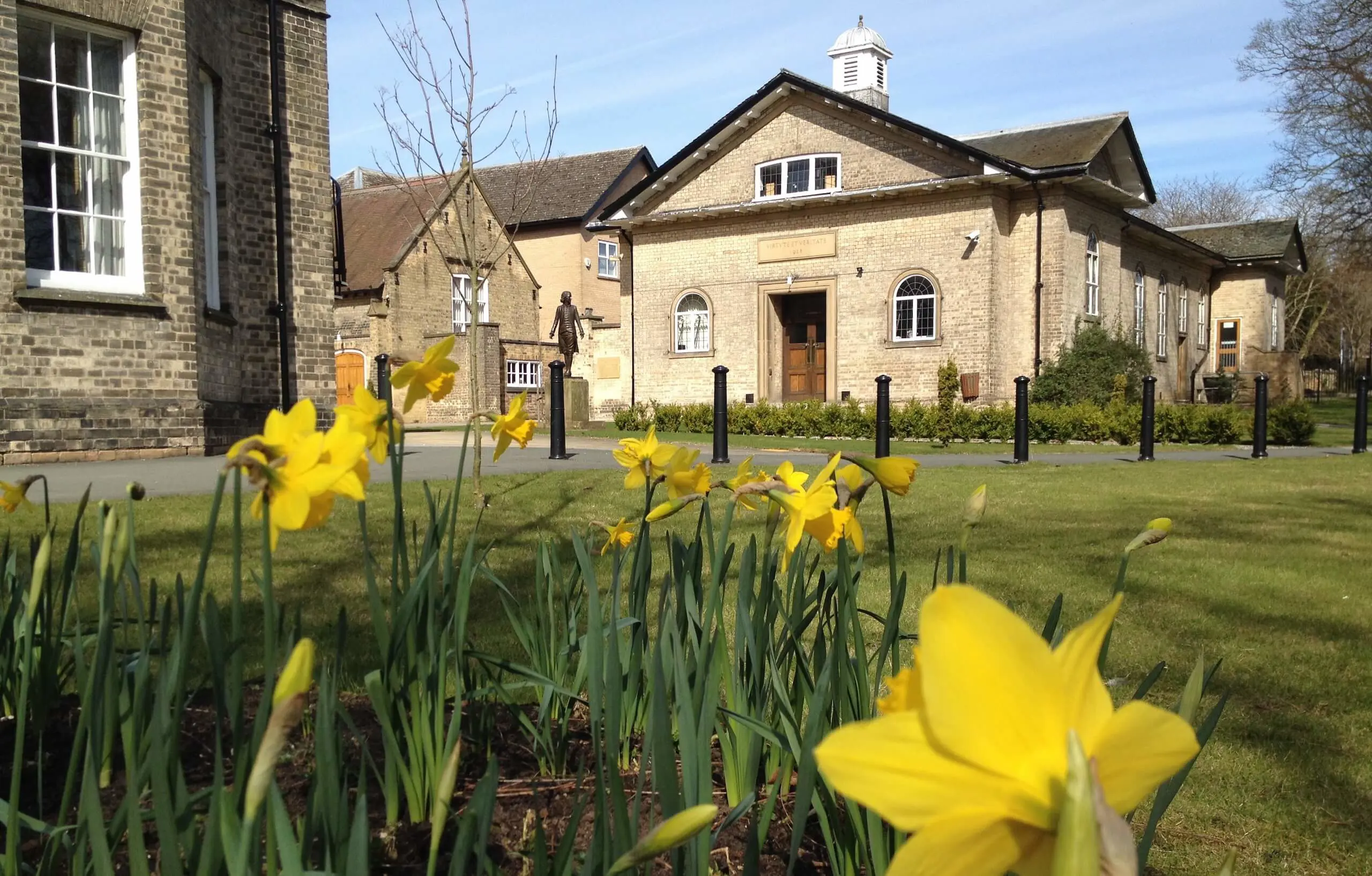 Pocklington School Music School with daffodils in foreground