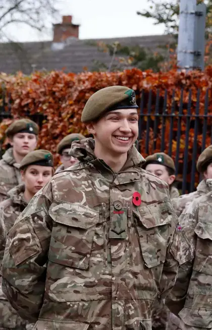 Combined Cadet Force army cadet smiling in a parade at Pocklington School, a private school near York